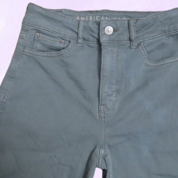 American Eagle Outfitters stretch super hi-rise flare denim jeans in green 0 - Picture 3 of 11